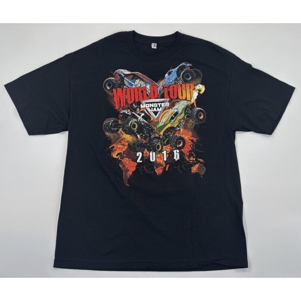 Monster Jam World Tour T-Shirt Mens Large Black Double Sided Graphic 2016 NWOT